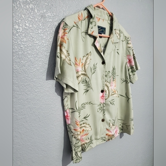 Island Traders Green Floral Tropical Women's Short Sleeve Button Blouse Size L - Picture 3 of 11